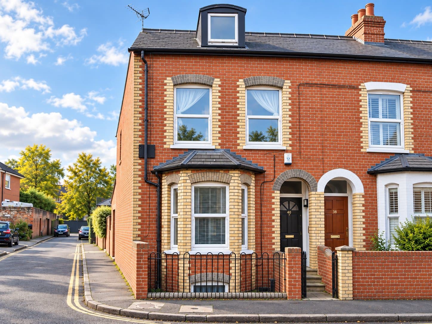 Corner elevation of the converted end-of-terrace house at 40 Anstey Road, Reading, in red and buff brick with a bay window