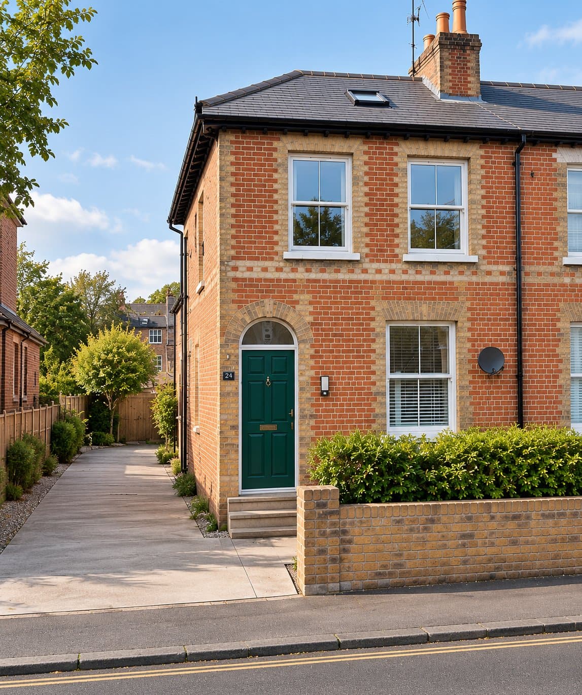 Front elevation of the converted end-of-terrace house at 24 Baker Street, Reading, in red and buff brick with a green front door