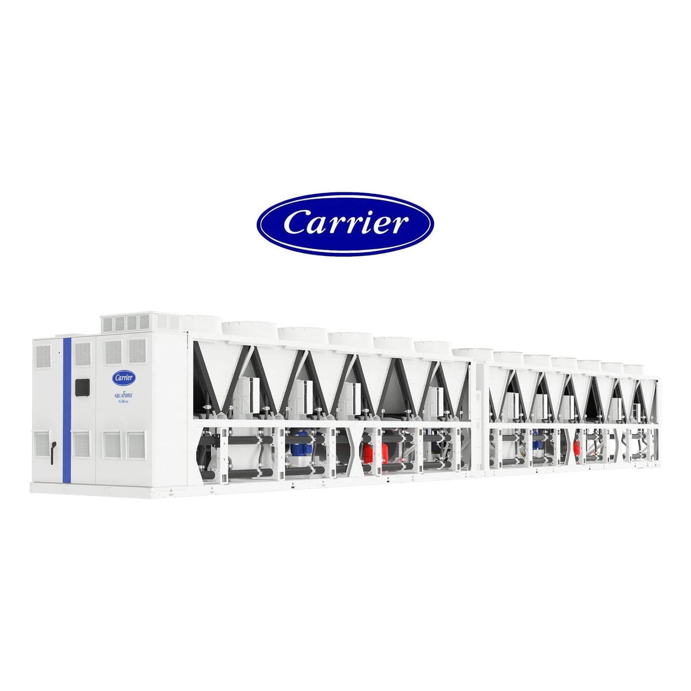 Carrier AquaForce air-cooled chiller, the plant type commissioned on the project, shown with the Carrier logo