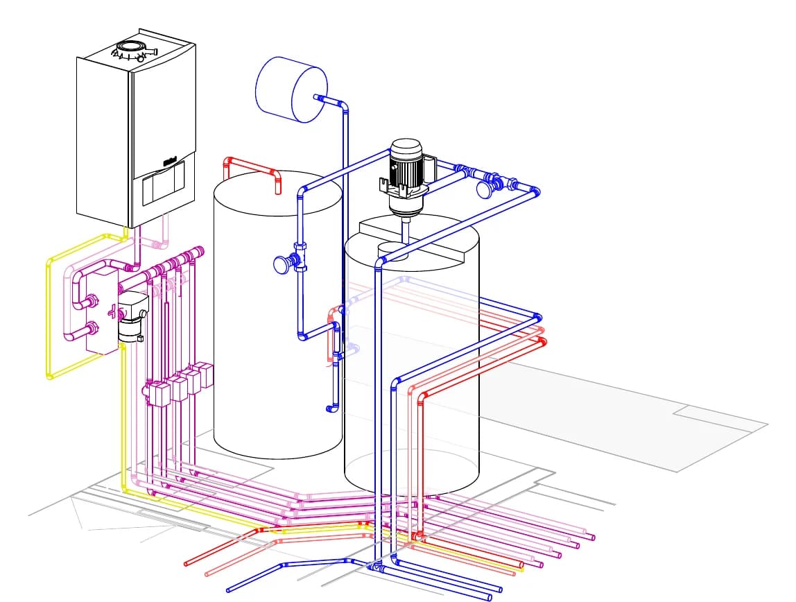 Isometric Revit view of the plant room showing boiler, cylinder, pump and colour-coded pipework