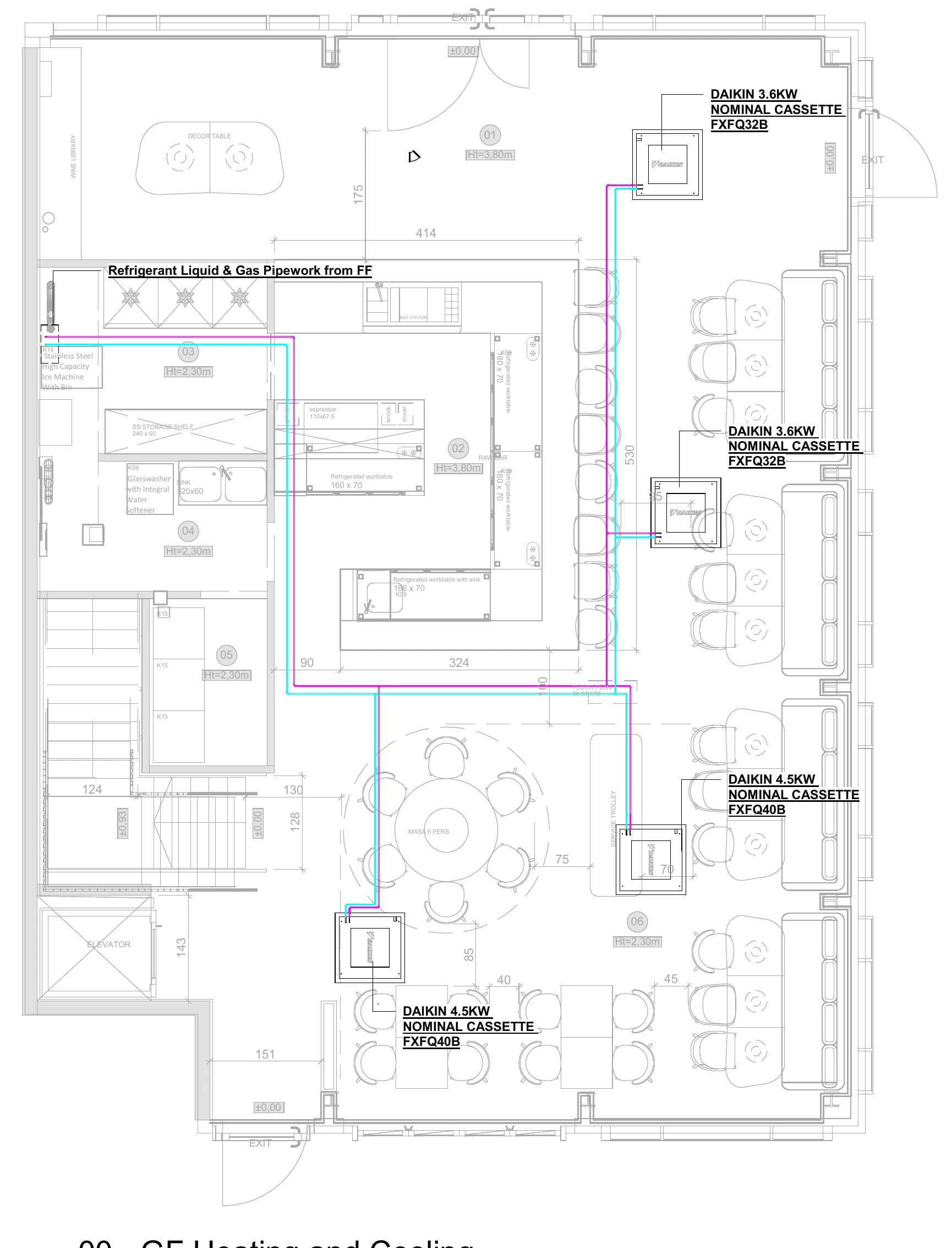 Ground floor heating and cooling plan showing cassette positions and refrigerant pipework