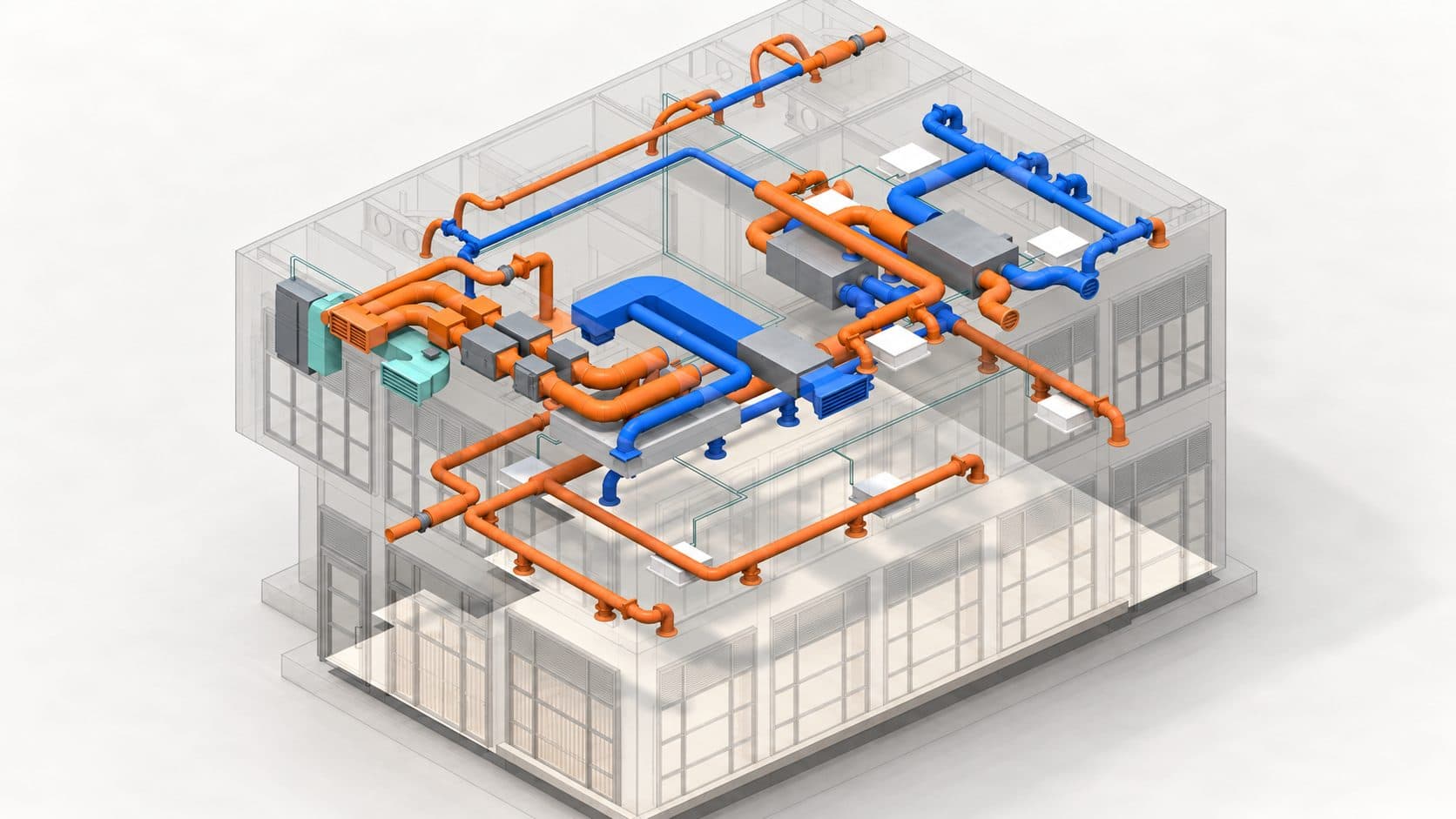 3D view of the HVAC services alone within a transparent building shell