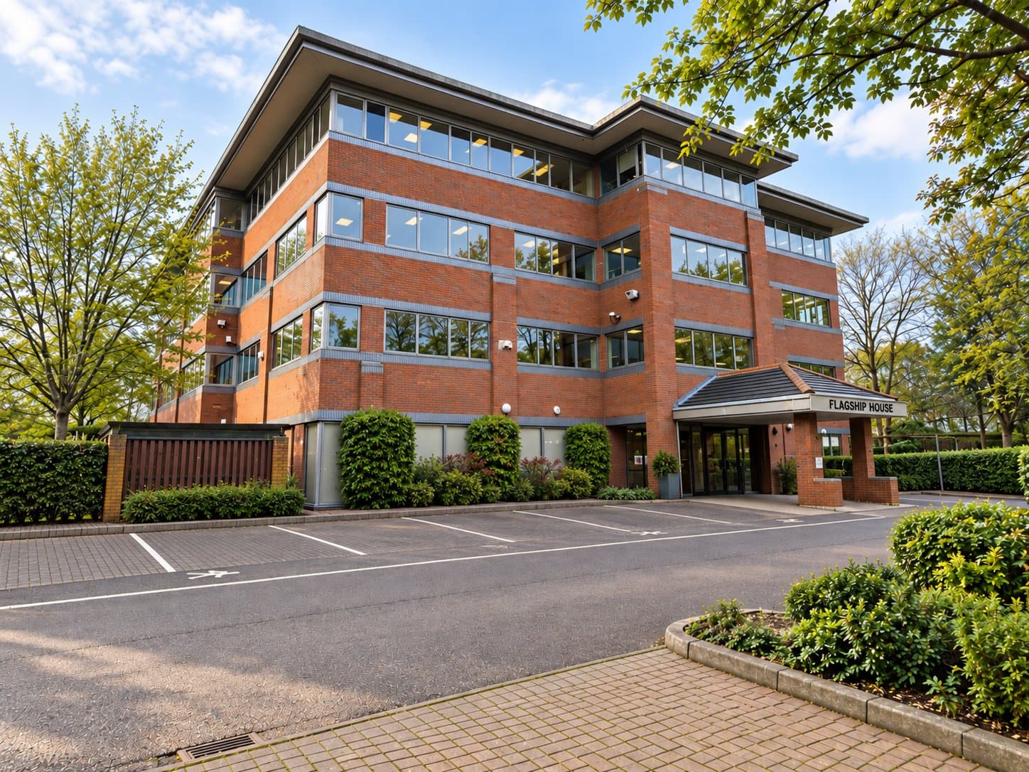 Flagship House, Fleet: a four-storey red-brick office building with continuous glazing and a canopied entrance, before conversion to apartments